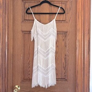 Cream beaded and fringe mini dress.